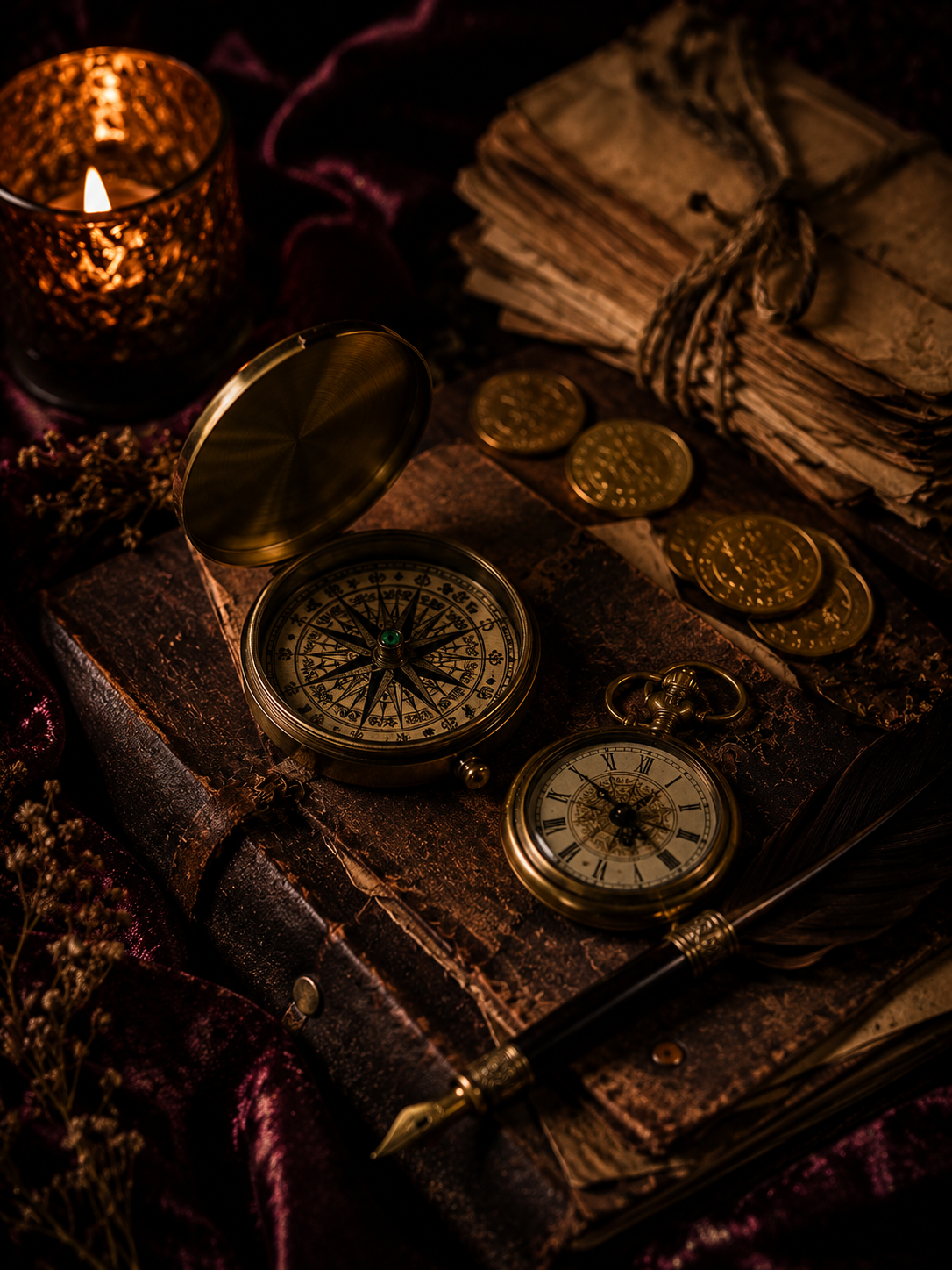 A compass and pocket watch resting beside candlelight and old ledger papers, evoking a private reading focused on direction and timing.