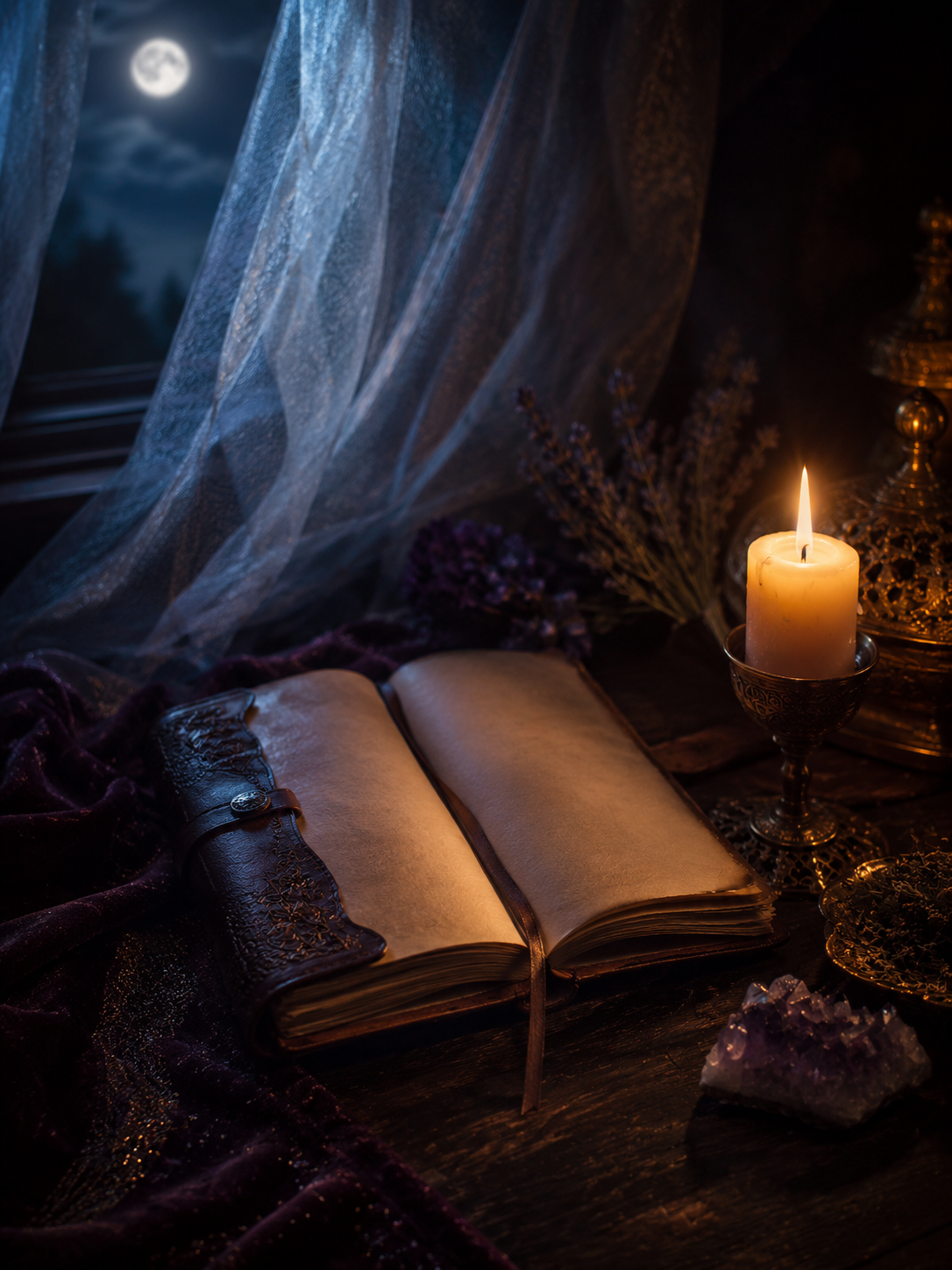 A sheer curtain lit by soft moonlight beside an open journal and a lit candle, evoking a reading focused on dream symbolism.