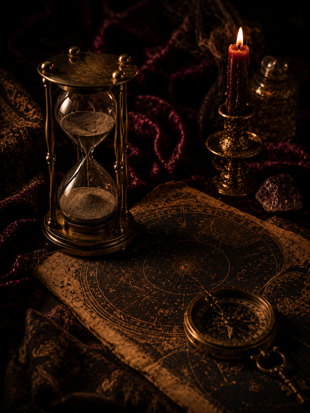 An hourglass and open astronomical chart lit by candlelight, evoking a reading focused on timing and what lies ahead.