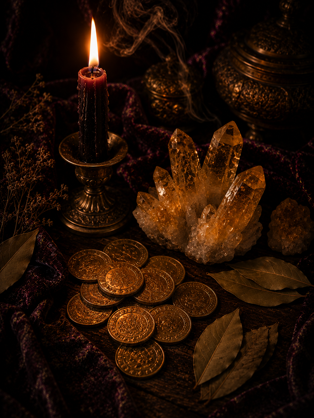 Gold coins and a small dish of citrine crystals arranged beside a lit candle, evoking a reading focused on luck and prosperity.