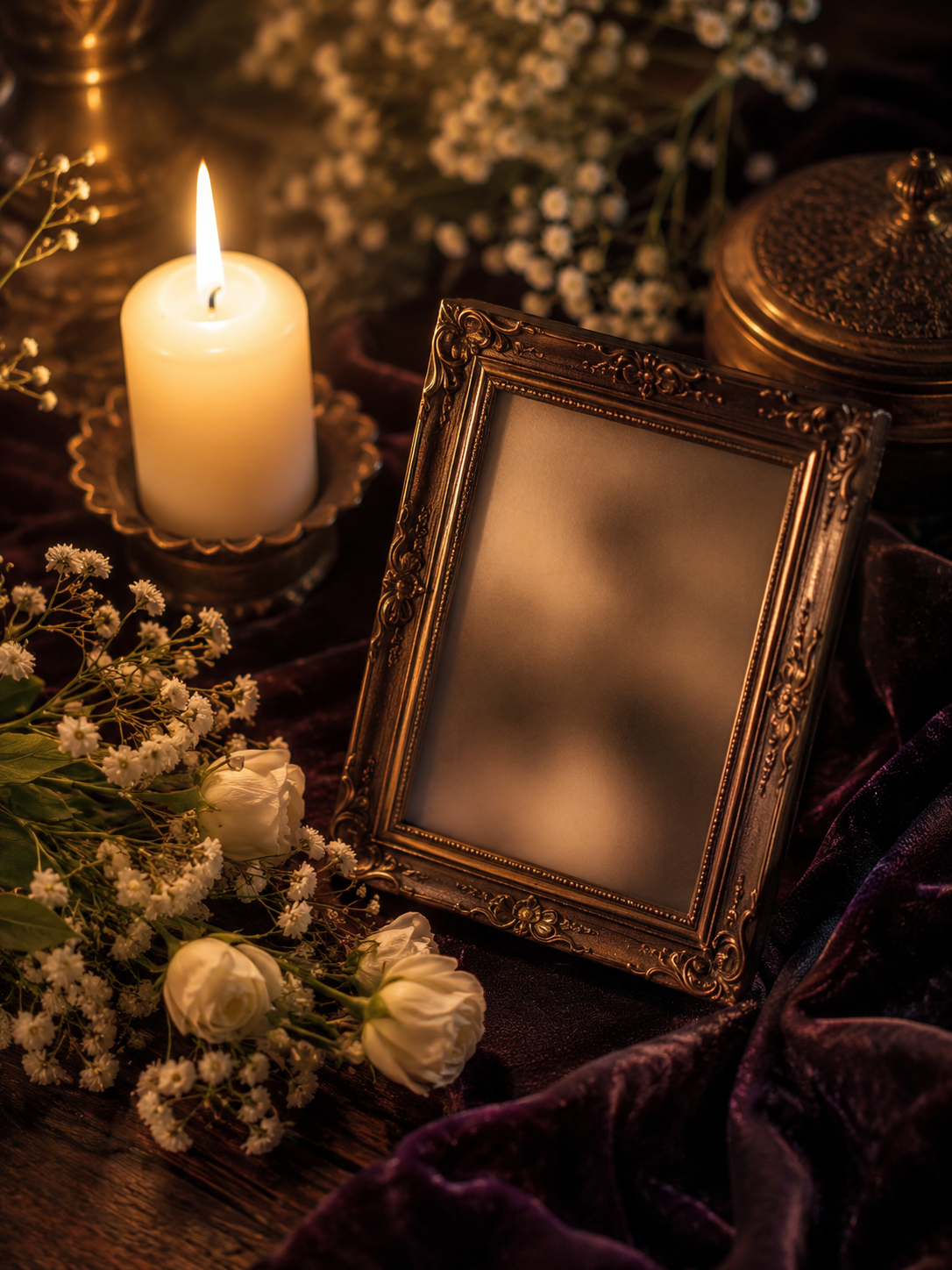 A single lit white candle beside a small framed photograph and a sprig of rosemary, evoking a gentle space for remembrance and connection.