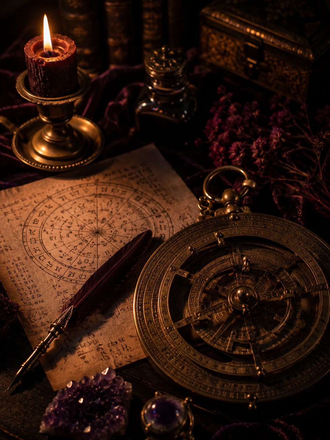 An antique astrolabe and handwritten numerology chart lit by candlelight, evoking a reading focused on numbers and birth chart insight.
