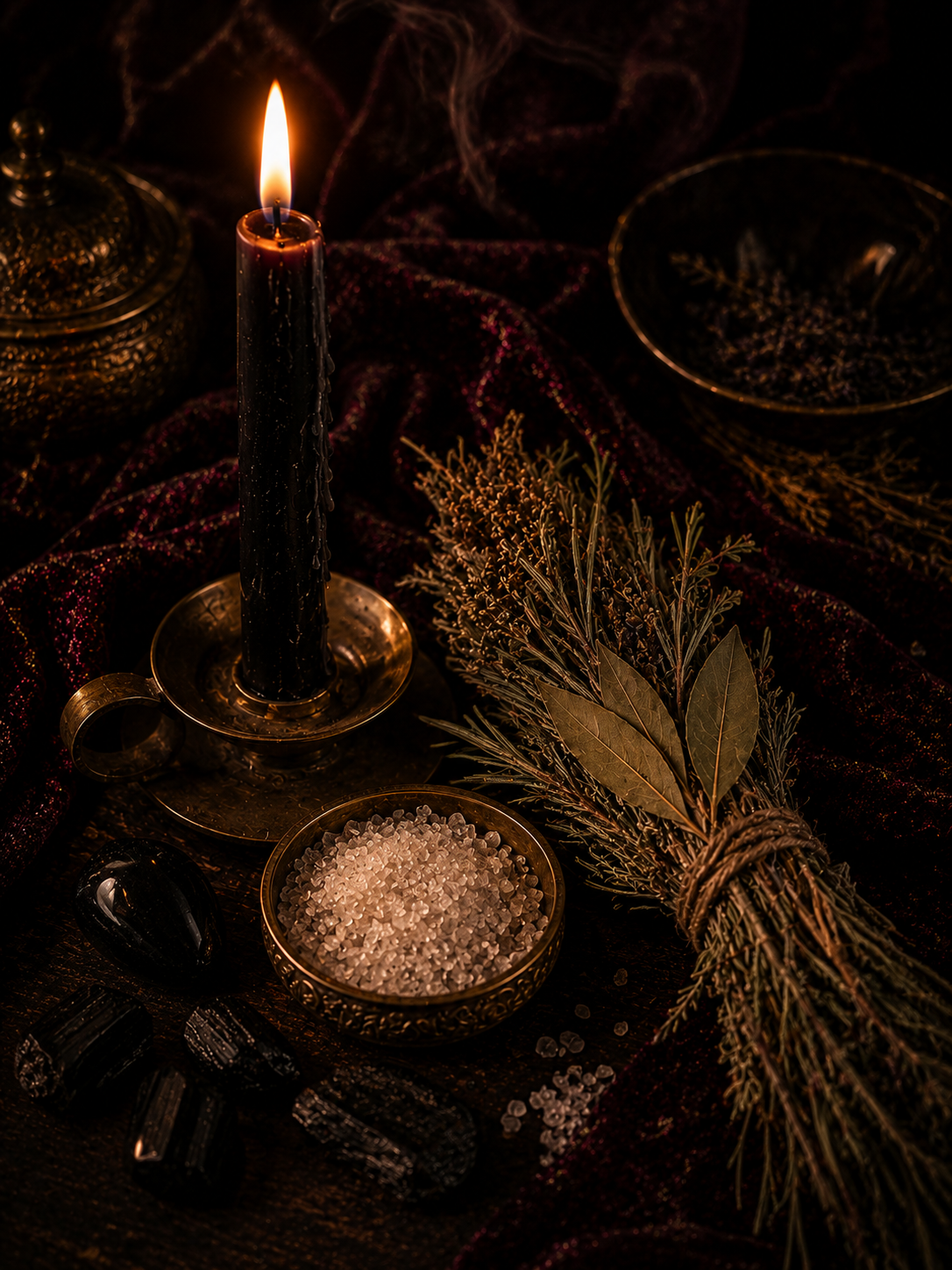 A dark ritual tablescape with a black candle, salt, and protective herbs, evoking a reading focused on clearing negative energy.