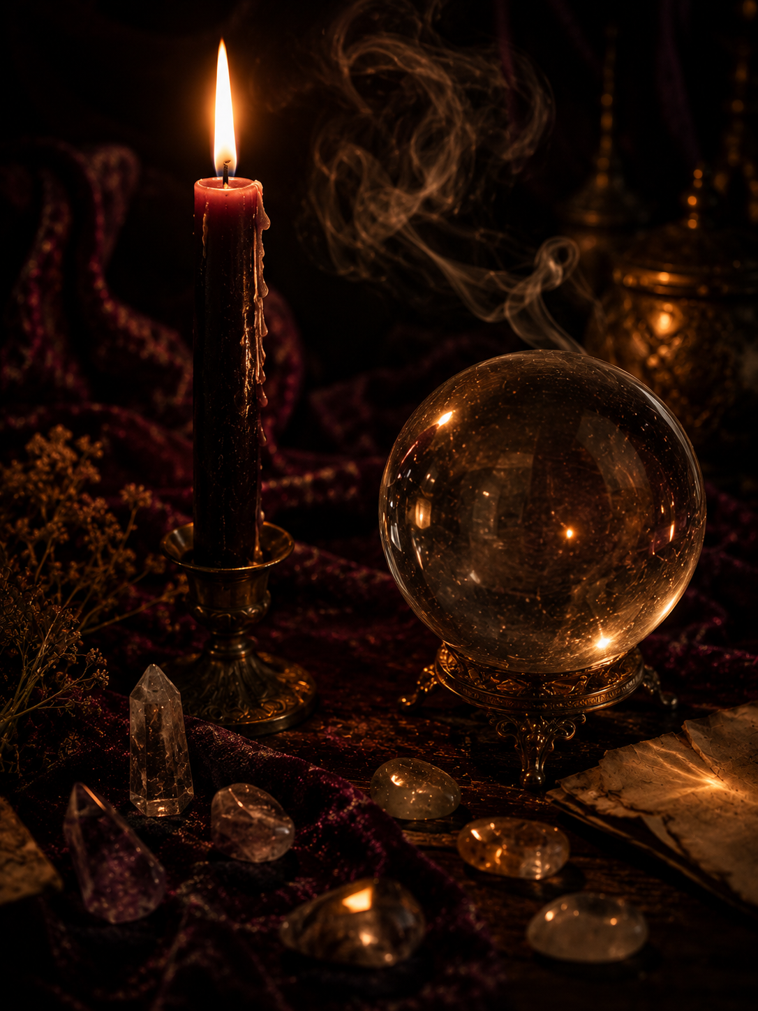 A lit candle beside a crystal sphere and open palm, evoking an intuitive reading open to whatever needs attention.