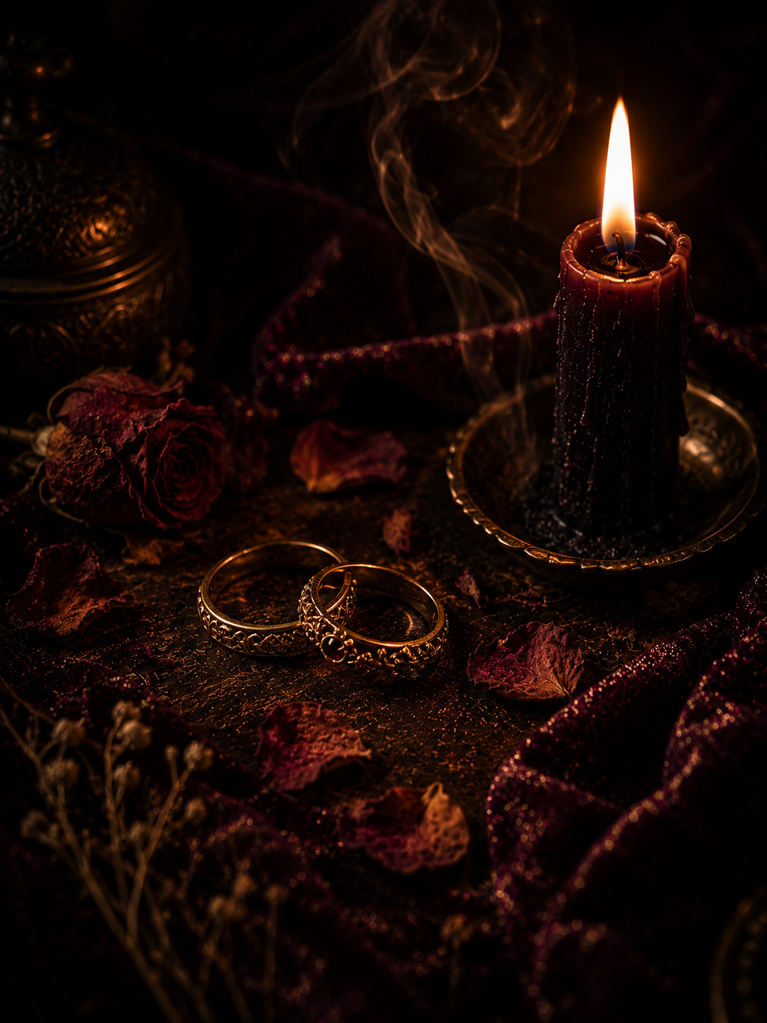 Two intertwined gold rings resting beside a lit candle and dried rose petals, evoking a reading focused on soulmate and twin flame connection.