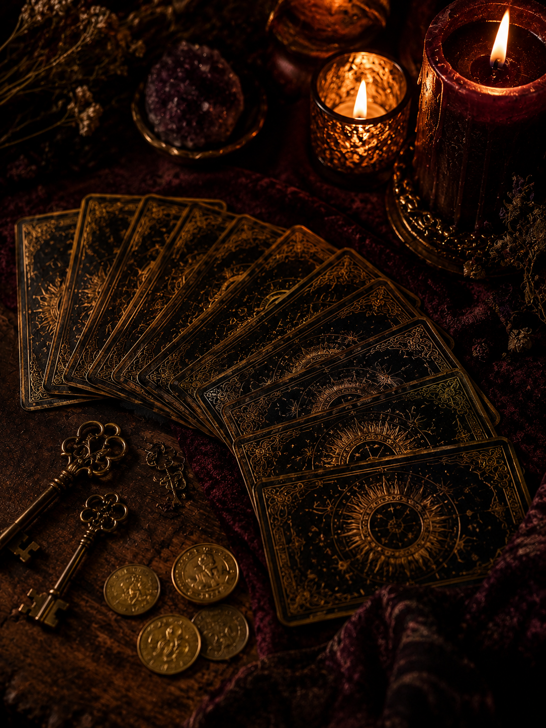 Tarot cards laid out beside candlelight and brass keys, evoking a private symbolic reading of the current situation.
