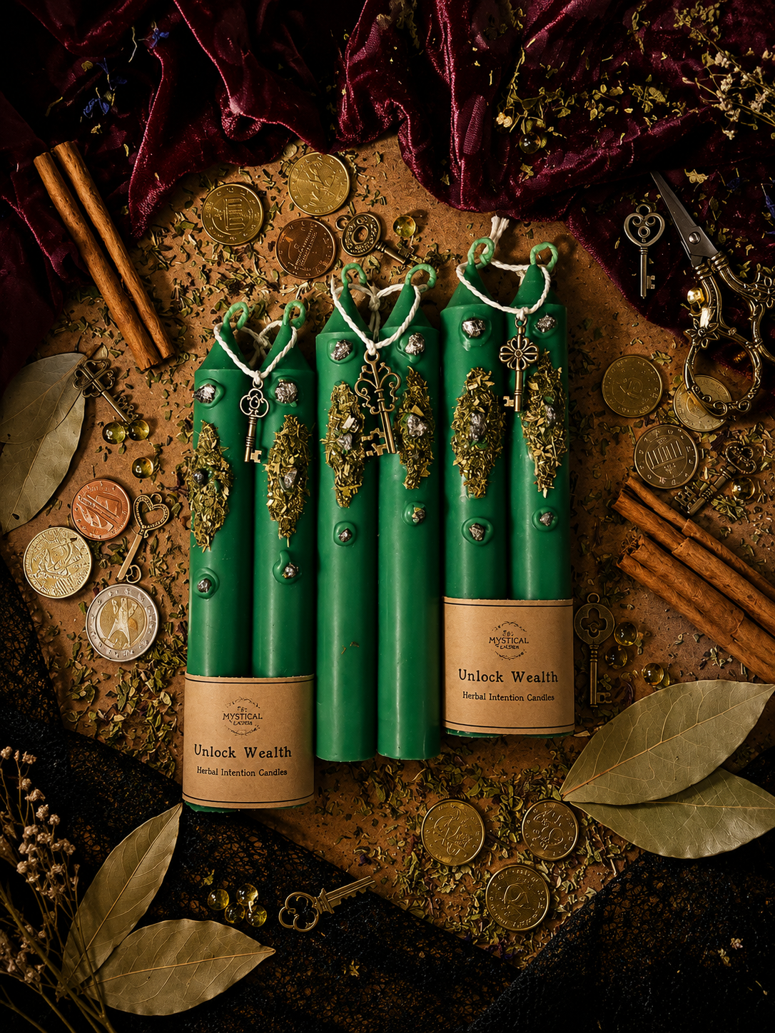 Hand-poured candles arranged with brass keys and coins on a dark, textured surface, evoking a private ritual of intention-setting.